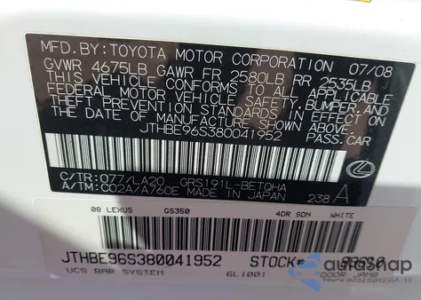 2008 Lexus Gs 350 z USA, uszkodzony, nr VIN JTHBE96S380041952